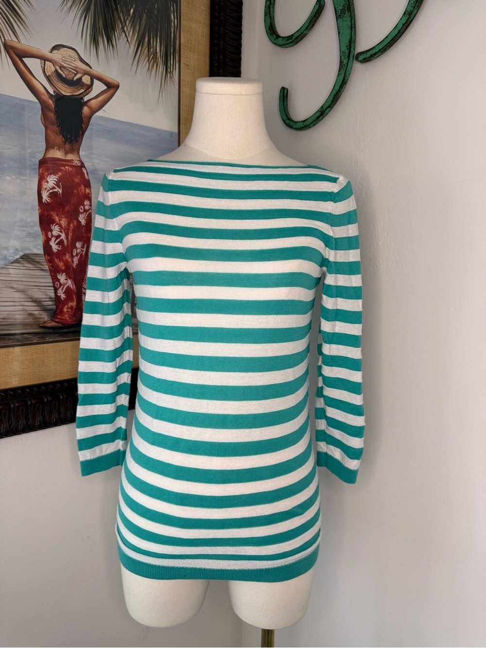 LOFT Green/Teal White Striped Boat Neck Knit Top 3/4 Sleeve XS